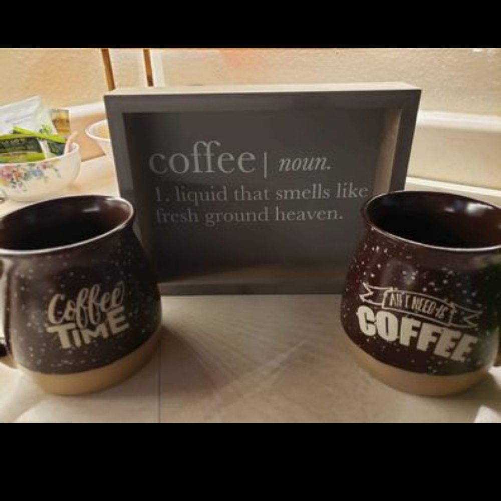 Sign and mugs